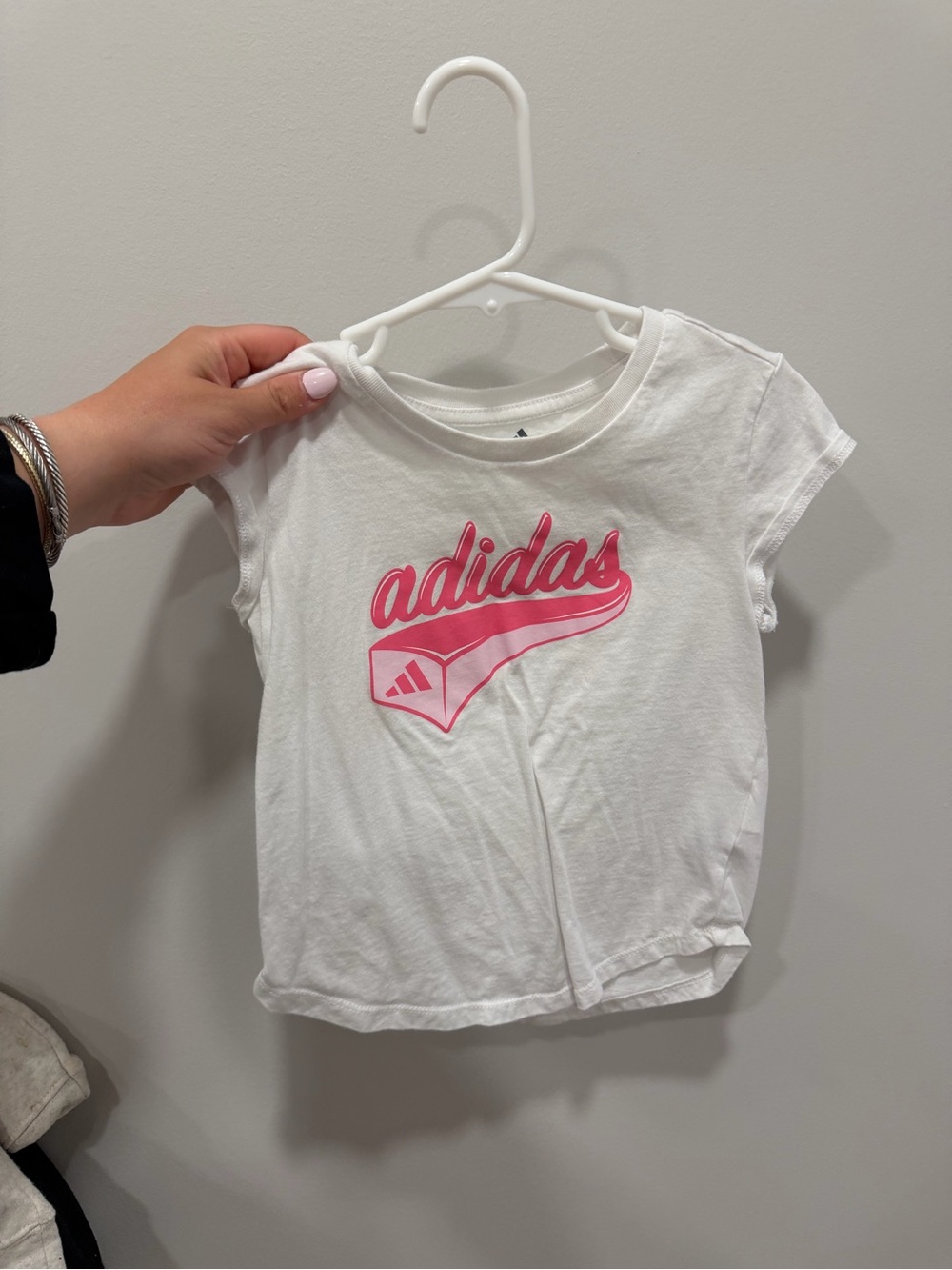 adidas White Tee with Pink Script Logo